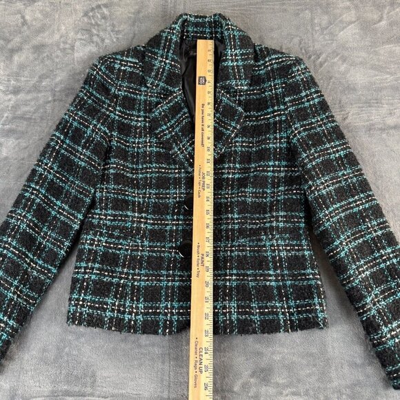 Vintage BRANDON THOMAS Black & Teal Tweed Open Front Jacket Coat Sz 6 Small - Picture 3 of 7